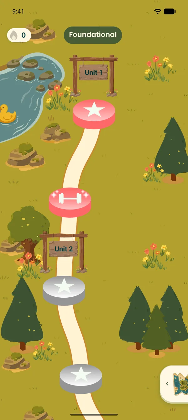 A lesson path with Unit 1 and Unit 2 signposts